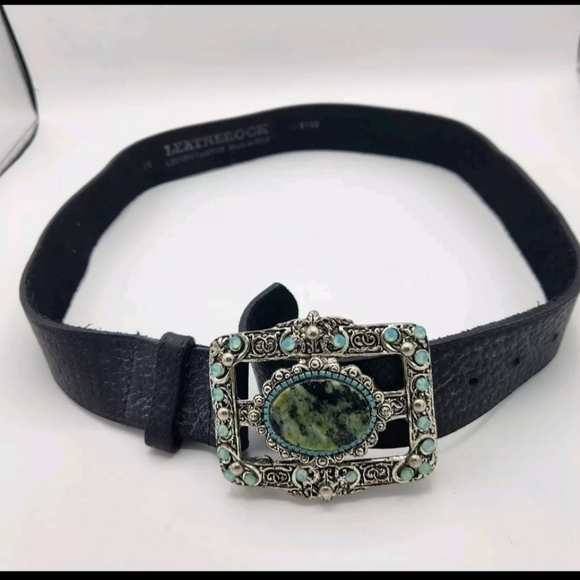 Leatherock Genuine Leather Black Belt Turquoise Silver Rectangle Buckle Belt - Picture 6 of 11